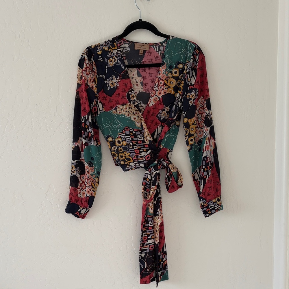 Patchwork Floral Wrap Top in Teal & Red